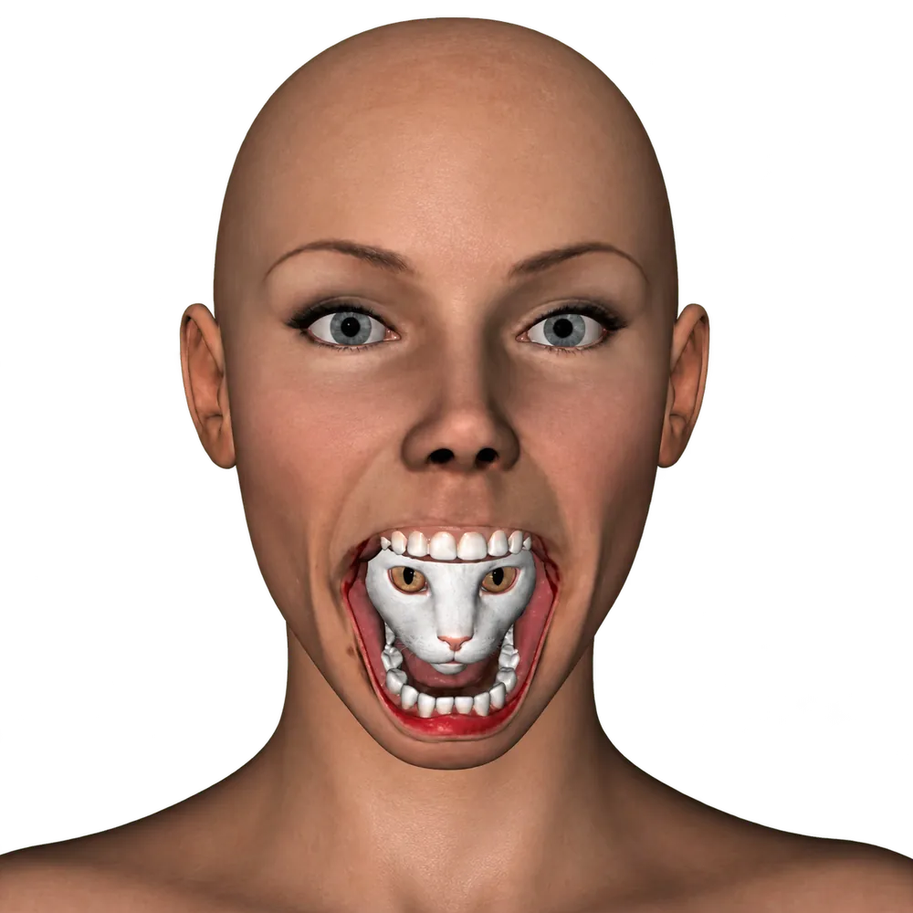Inner Cat: a bald woman with a cat face inside her open mouth